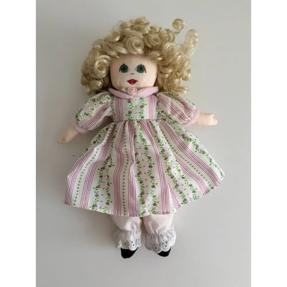 Vintage Style Cloth Rag Doll Blonde Curly Hair Floral Prairie Dress Bloomers 11